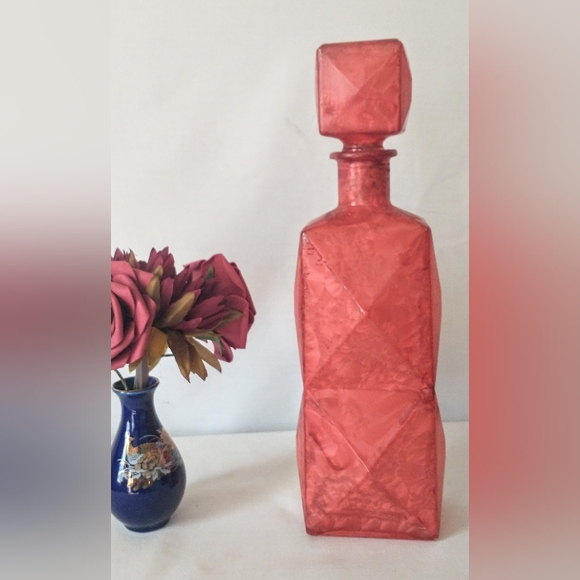 MCM Art Deco Glass Decanter w/ Square Stopper - Marbleized Red - Picture 2 of 9